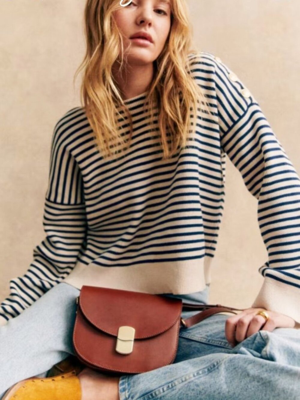 Like New Sezane Daisy 100% Cotton Striped Sweater Ecru Navy XXL